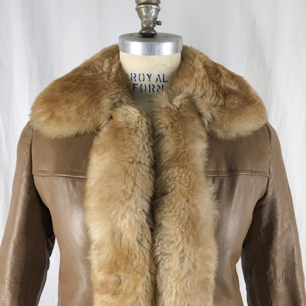Vintage 60s 70s Leather Jacket Penny Lane Shearling and Faux Fur Tan - Picture 2 of 7